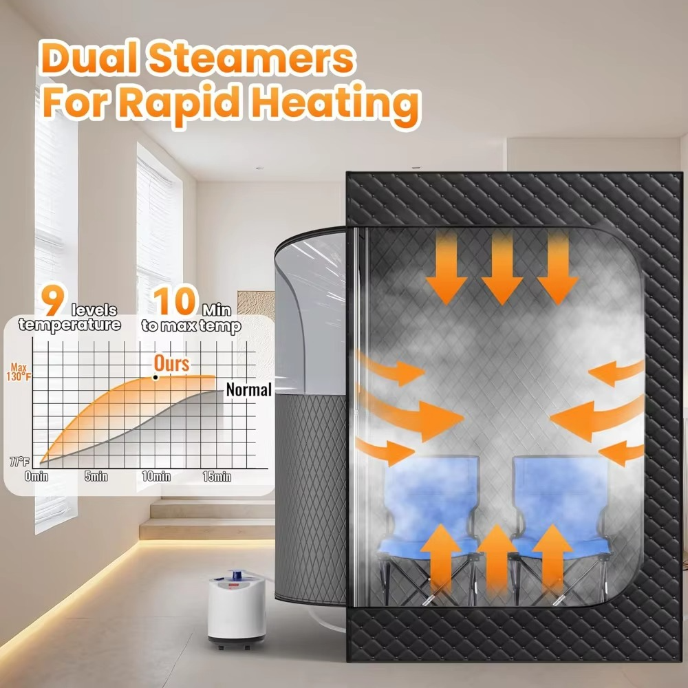 Magazaw 2-person steam sauna with remote featuring dual steamers for rapid heating and adjustable temperature settings