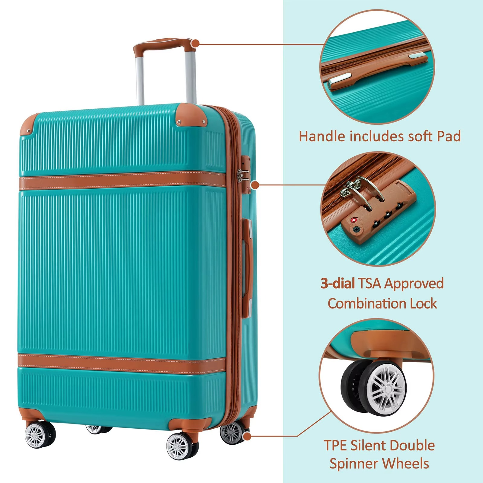 Magazaw 3-piece luggage set with spinner wheels in teal featuring a TSA approved lock and padded handle