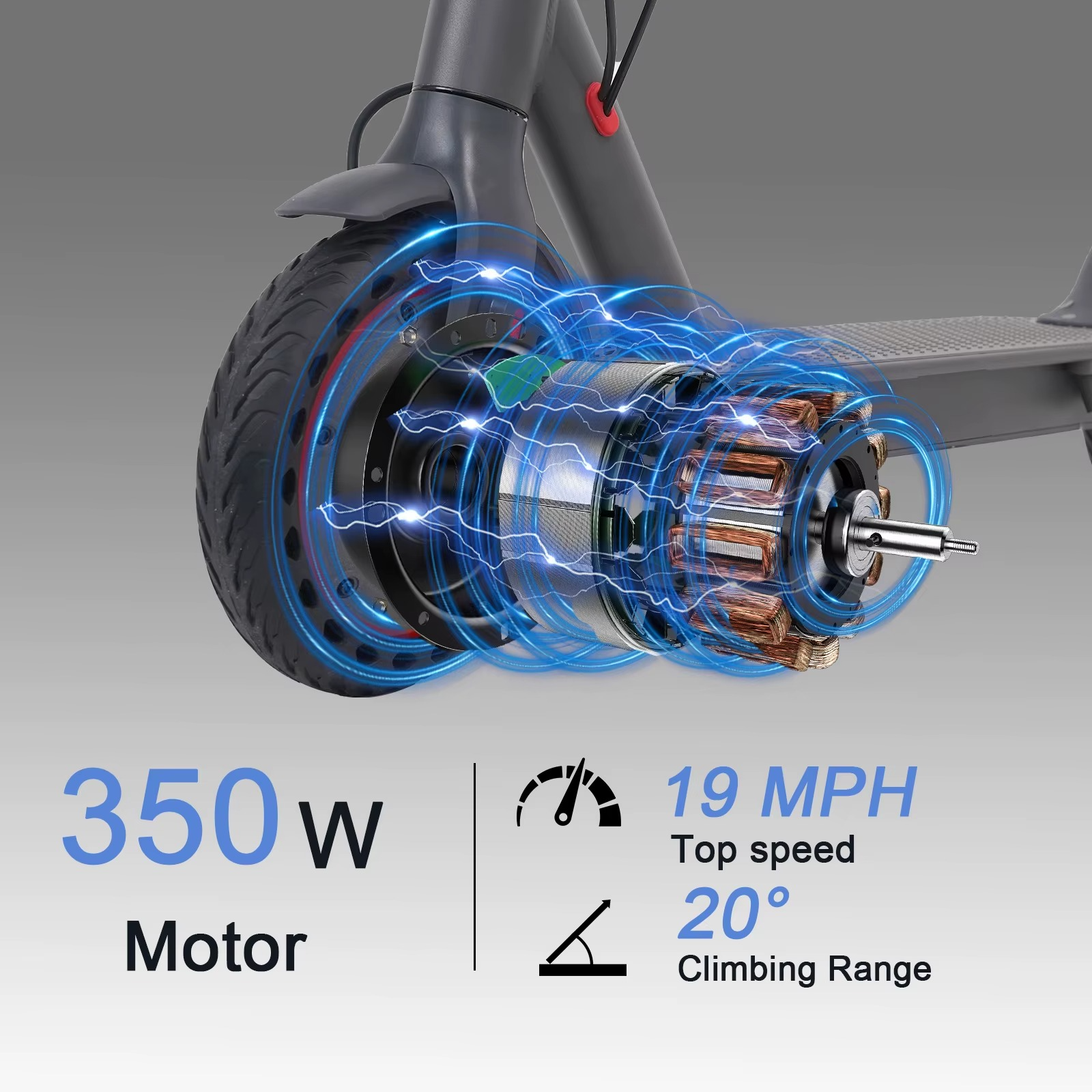 Close-up of 350W foldable electric scooter motor showcasing power and performance features