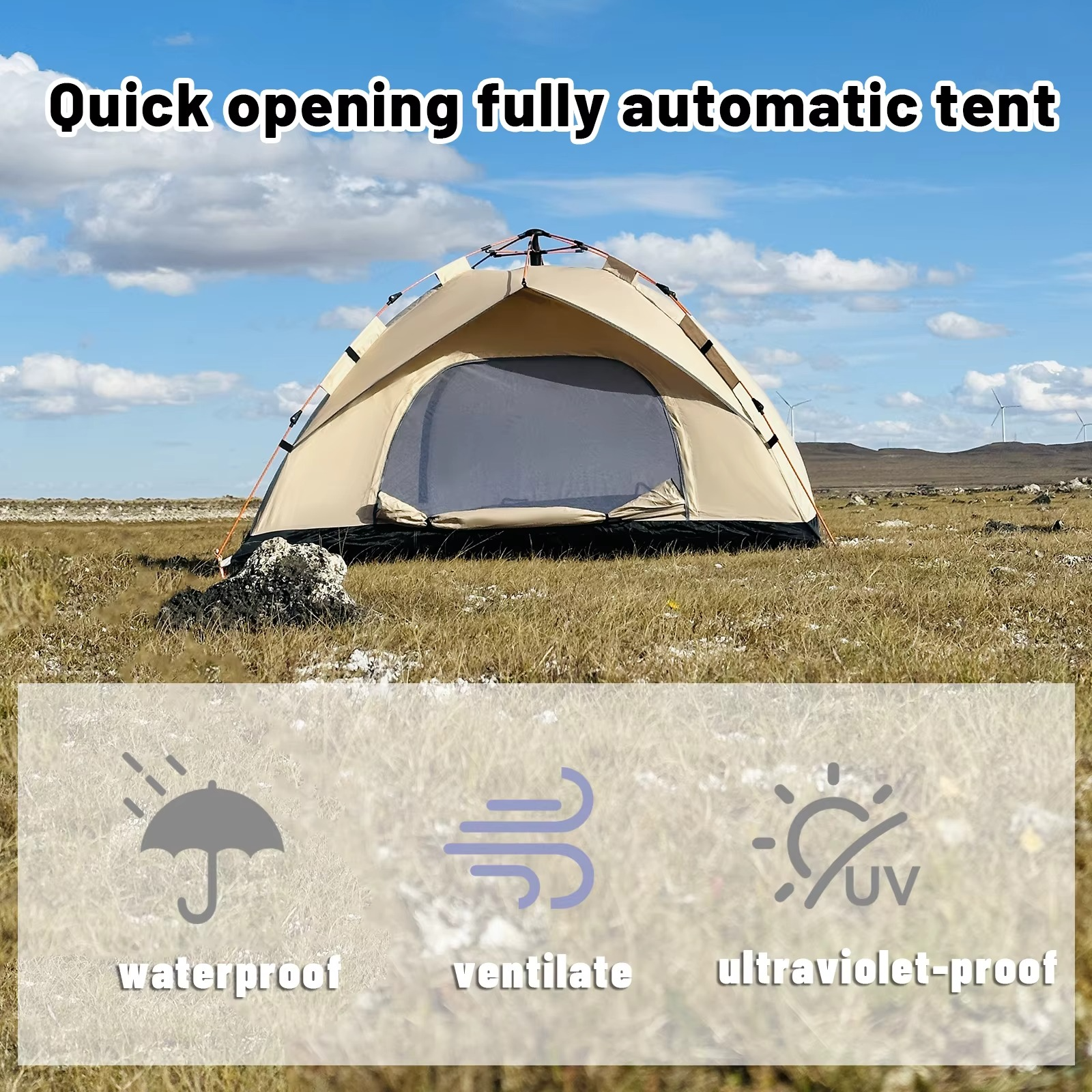 Magazaw 4-person pop-up tent designed for quick setup, waterproof, ventilated, and ultraviolet-proof features