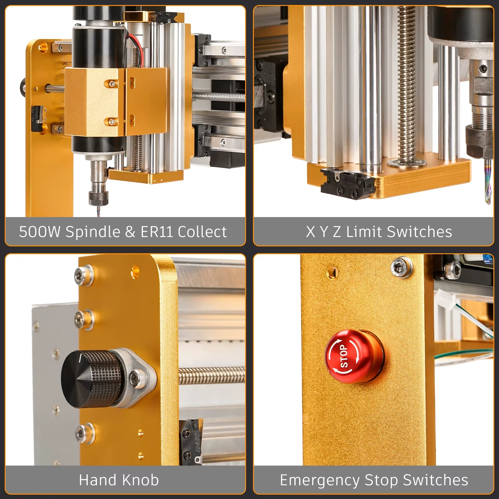 500W CNC milling machine featuring a 500W spindle, ER11 collect, and emergency stop switches