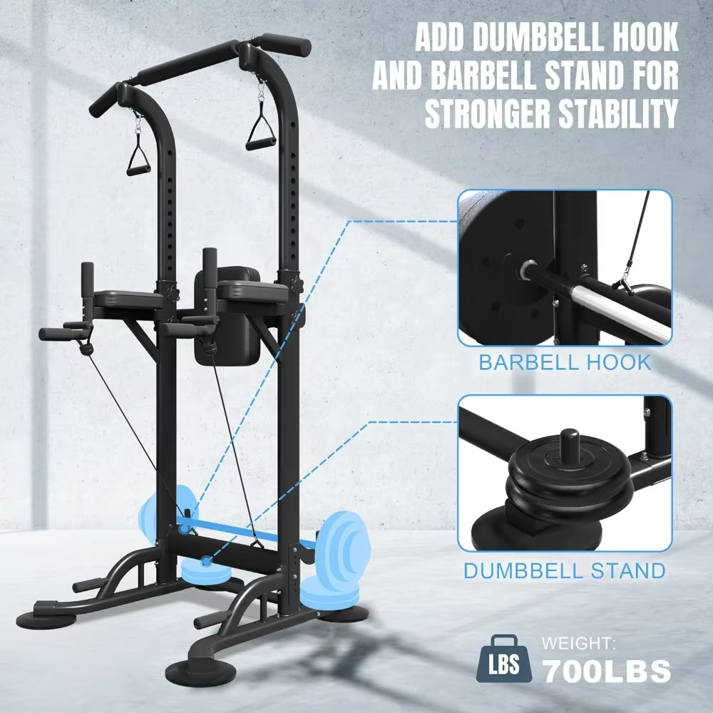 Magazaw adjustable power tower home gym with dumbbell hook and barbell stand for added stability