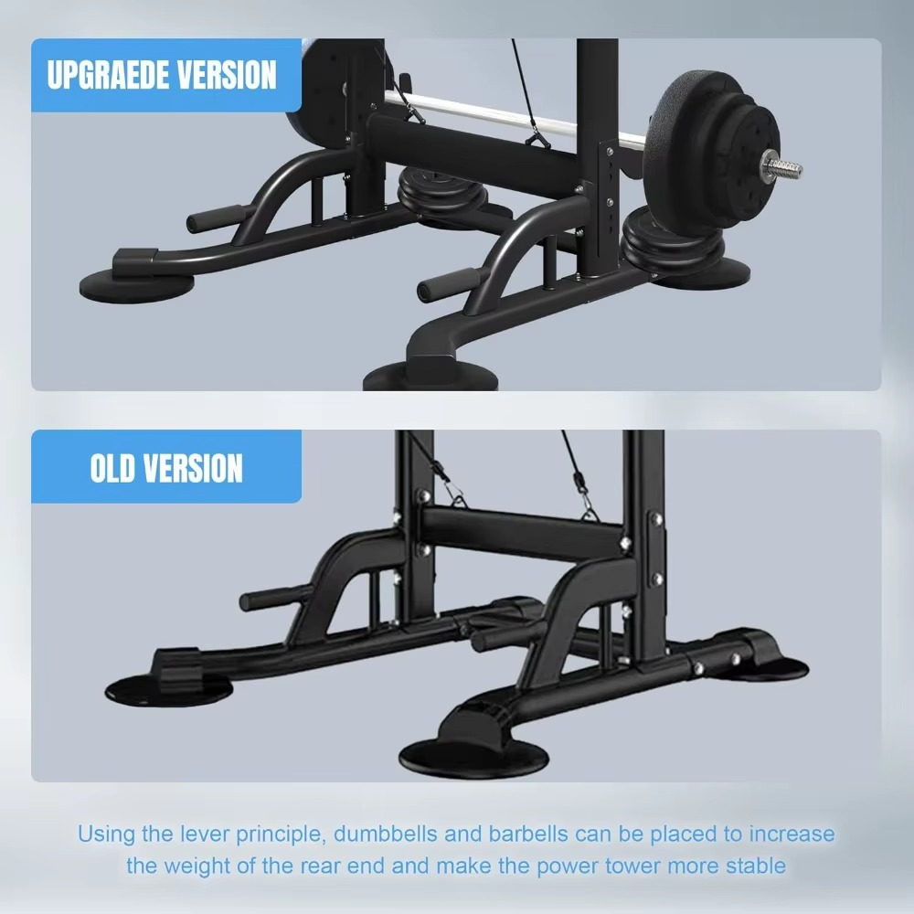 Magazaw adjustable power tower home gym showing upgraded and old version stability features