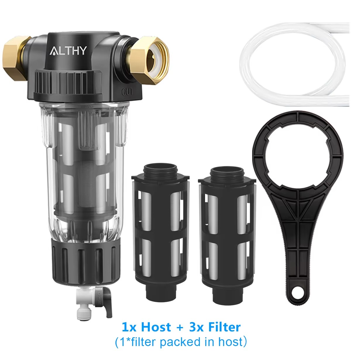 Magazaw whole house water filter system with host, three filters, and installation tools