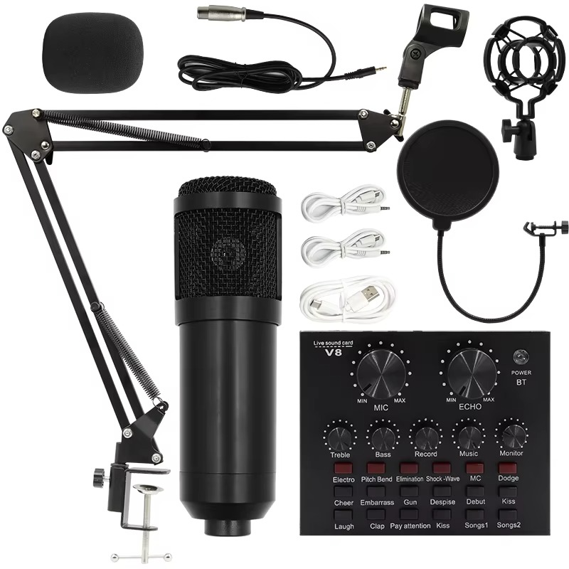 BM800 condenser mic studio kit with adjustable arm, pop filter, and audio interface for professional recording