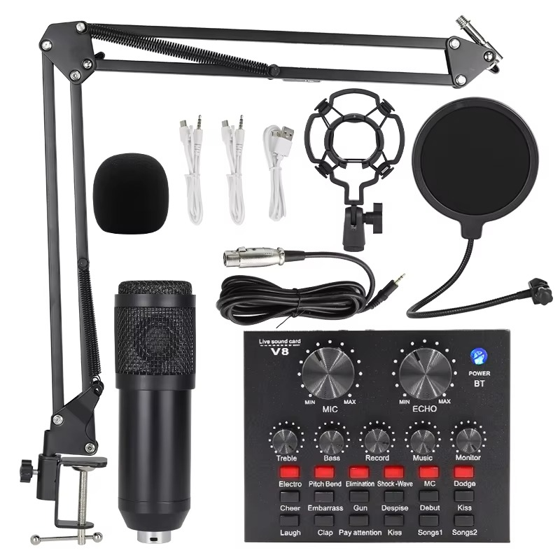 BM800 condenser mic studio kit with boom arm, pop filter, and audio interface for professional recording