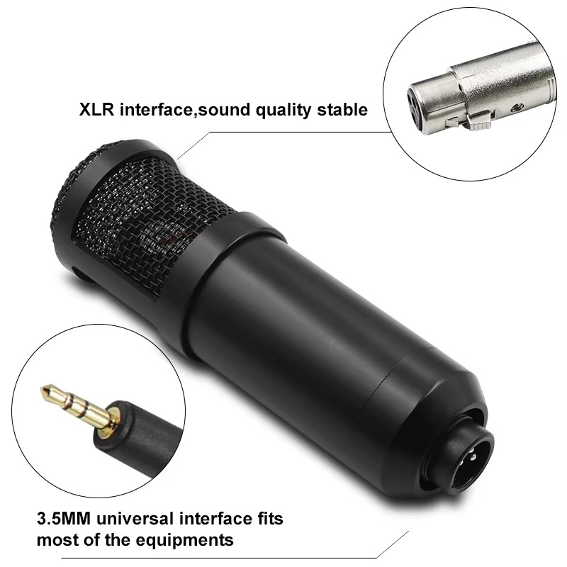 BM800 condenser mic studio kit featuring an XLR interface for stable sound quality and a 3.5mm universal connection