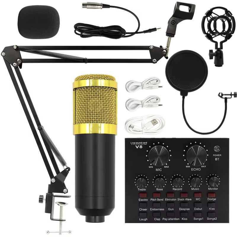 BM800 condenser mic studio kit with gold mic, adjustable arm, pop filter, and audio interface for recording
