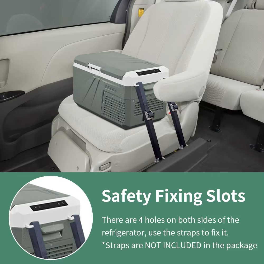 Magazaw car refrigerator dual zone securely placed in vehicle seat with safety fixing slots