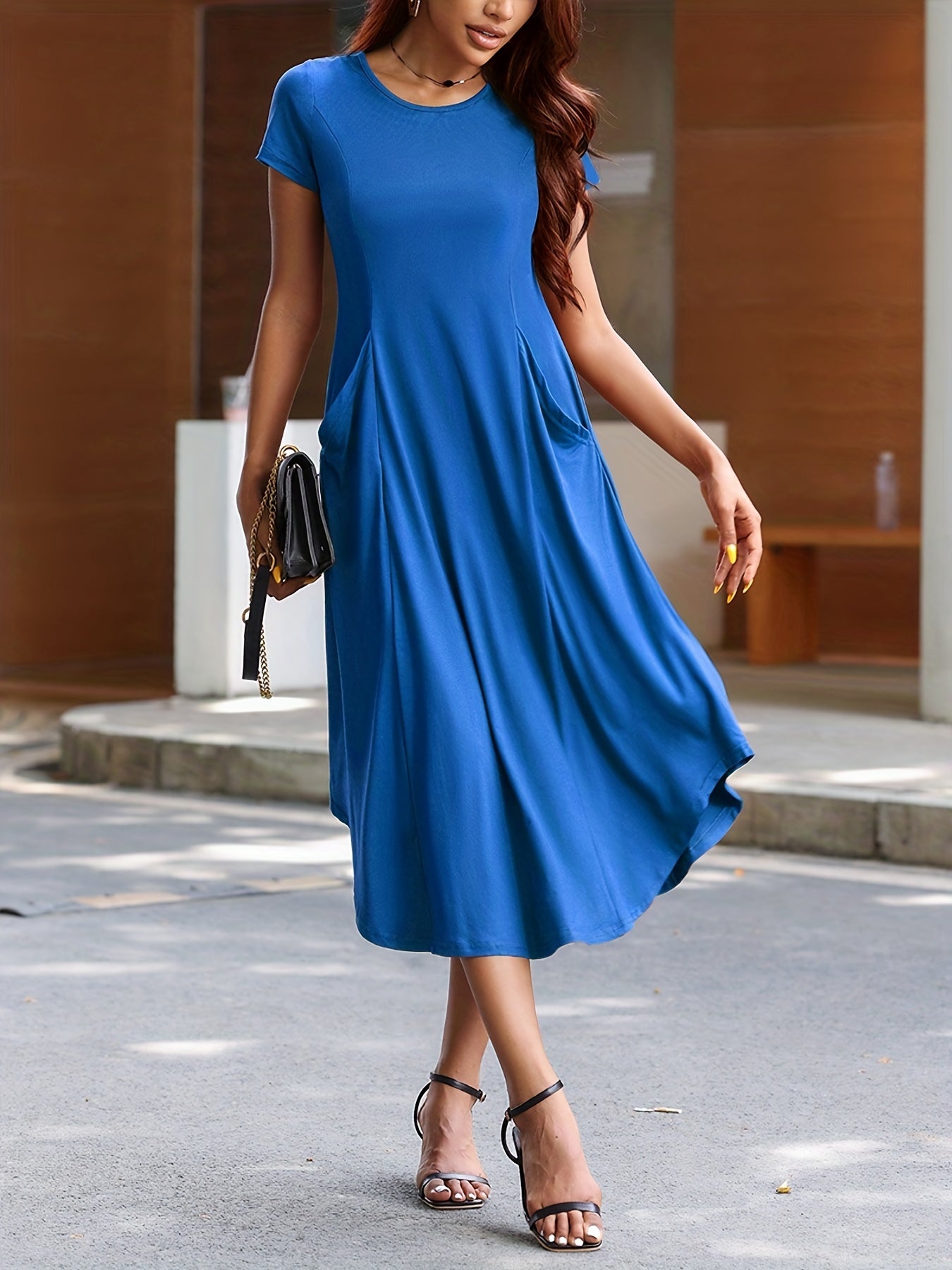 Voocci casual summer dress women in blue with short sleeves and side pockets for effortless styling