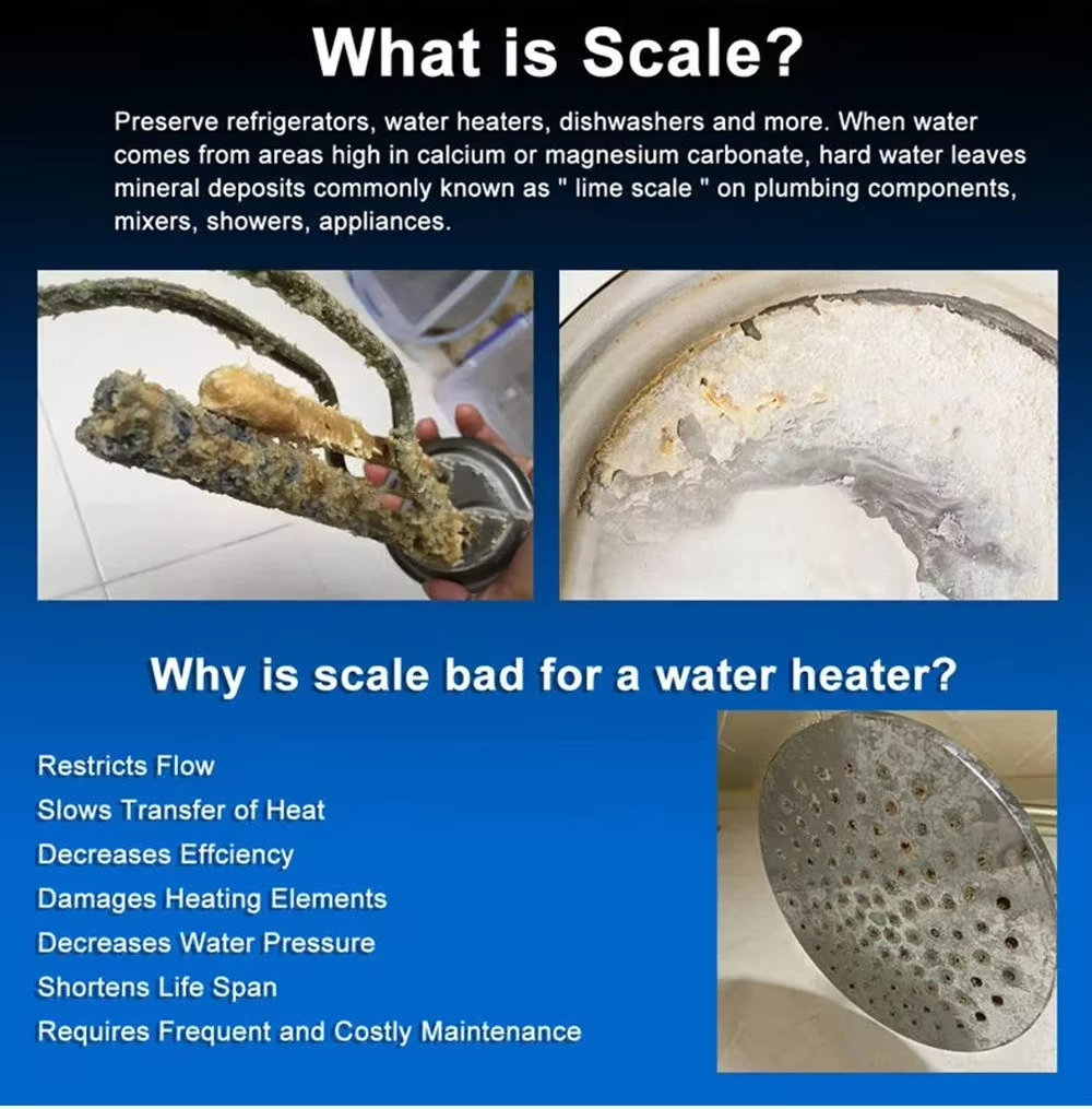 Magazaw whole house water descaler benefits infographic explaining scale issues and water heater maintenance