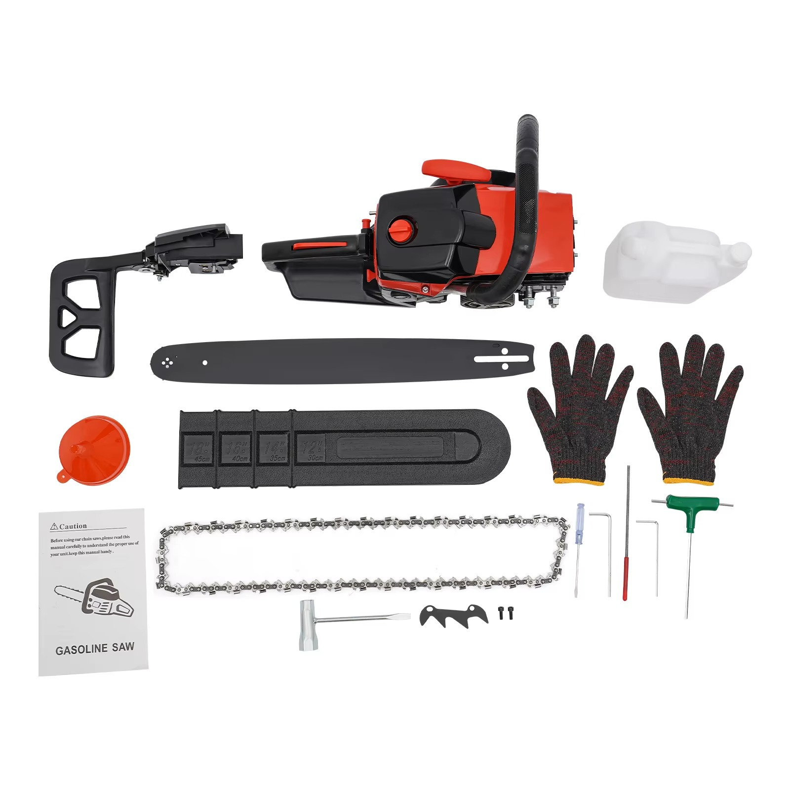 58cc gas chainsaw kit including gloves, guide bar, and essential tools for effective cutting
