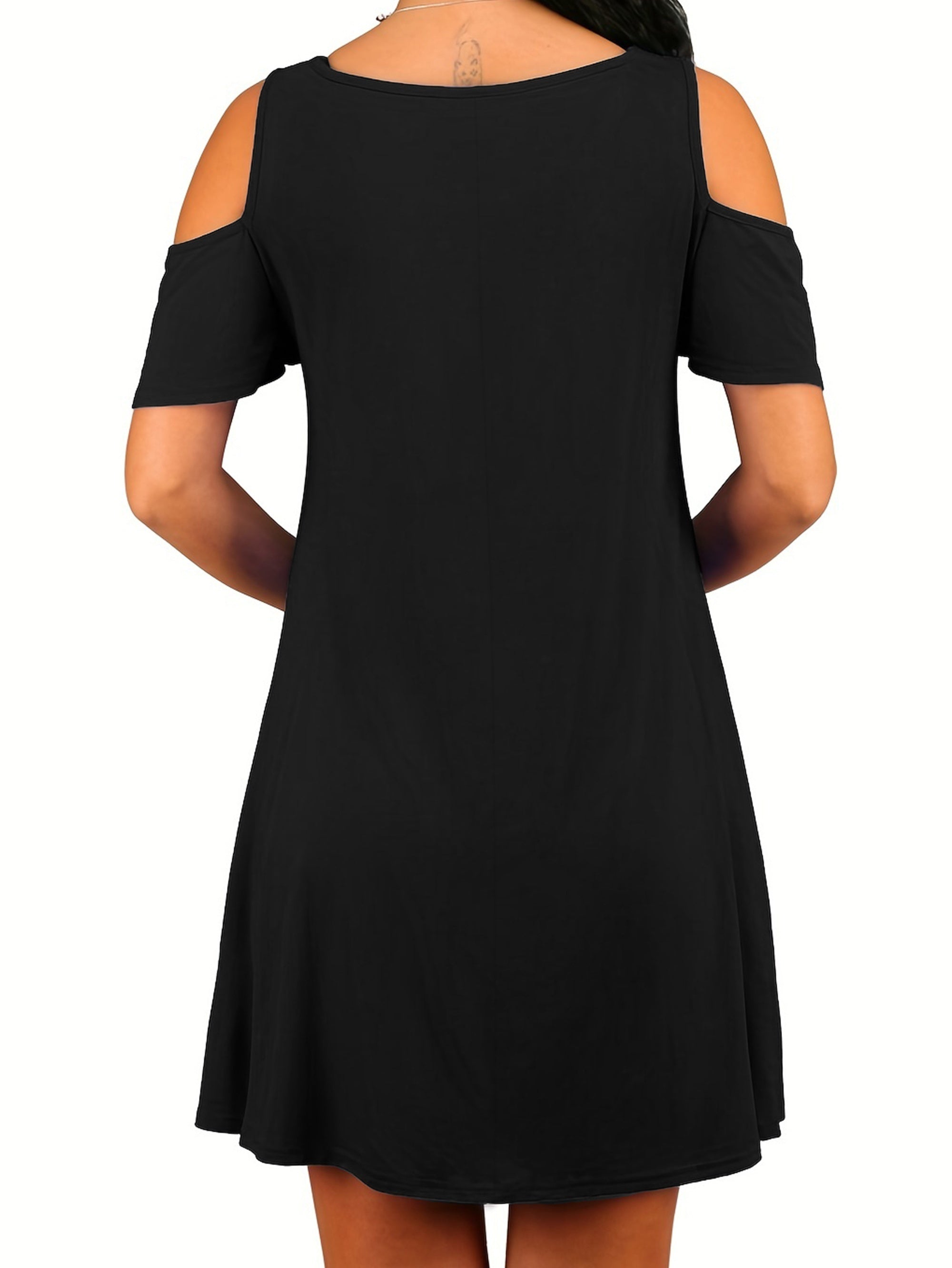 Voocci cold shoulder dress with pockets in black, featuring stylish cut-out sleeves and a relaxed fit