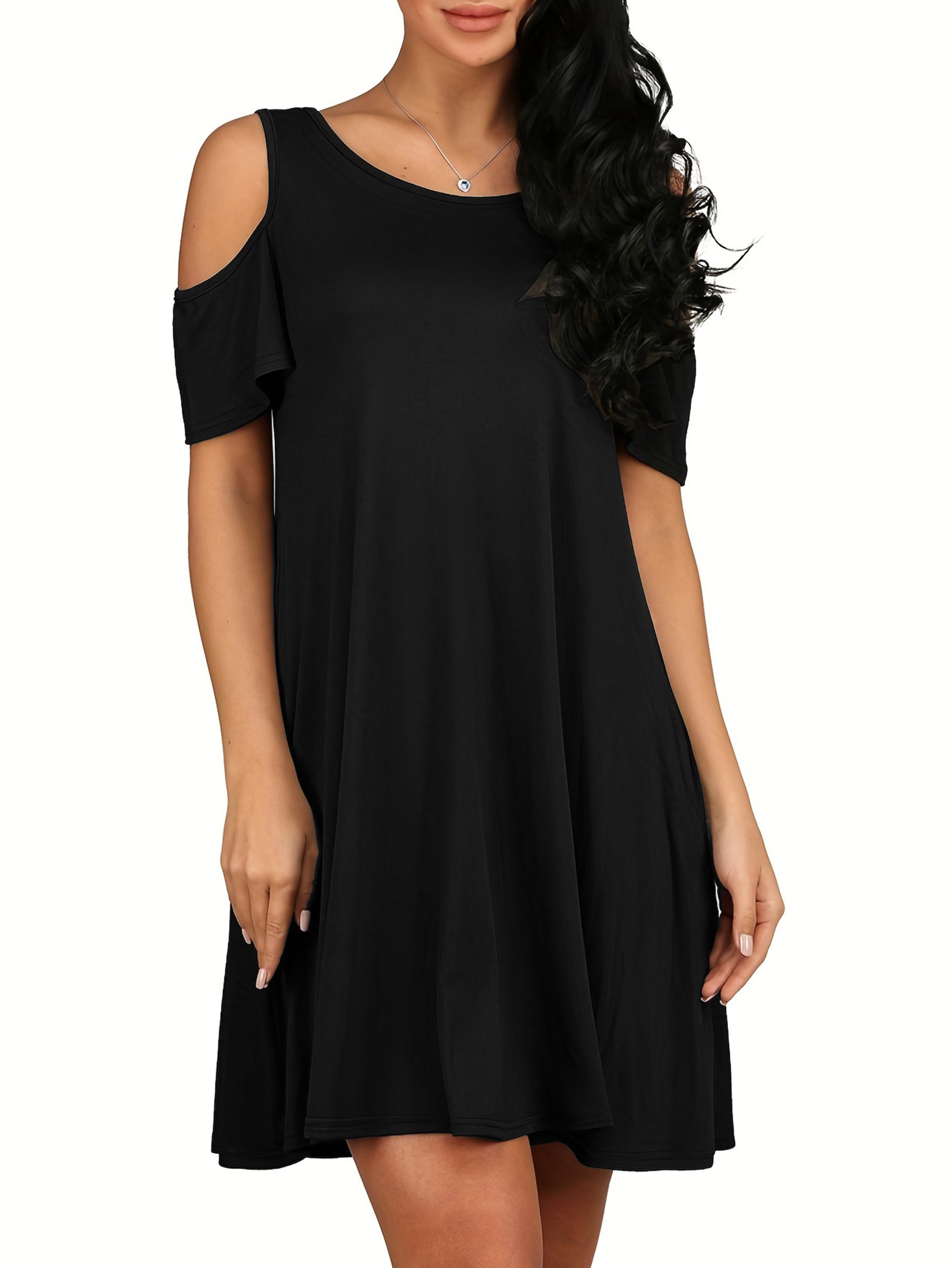 Voocci™ Cold shoulder dress with pockets in black, featuring short sleeves and a flowy silhouette