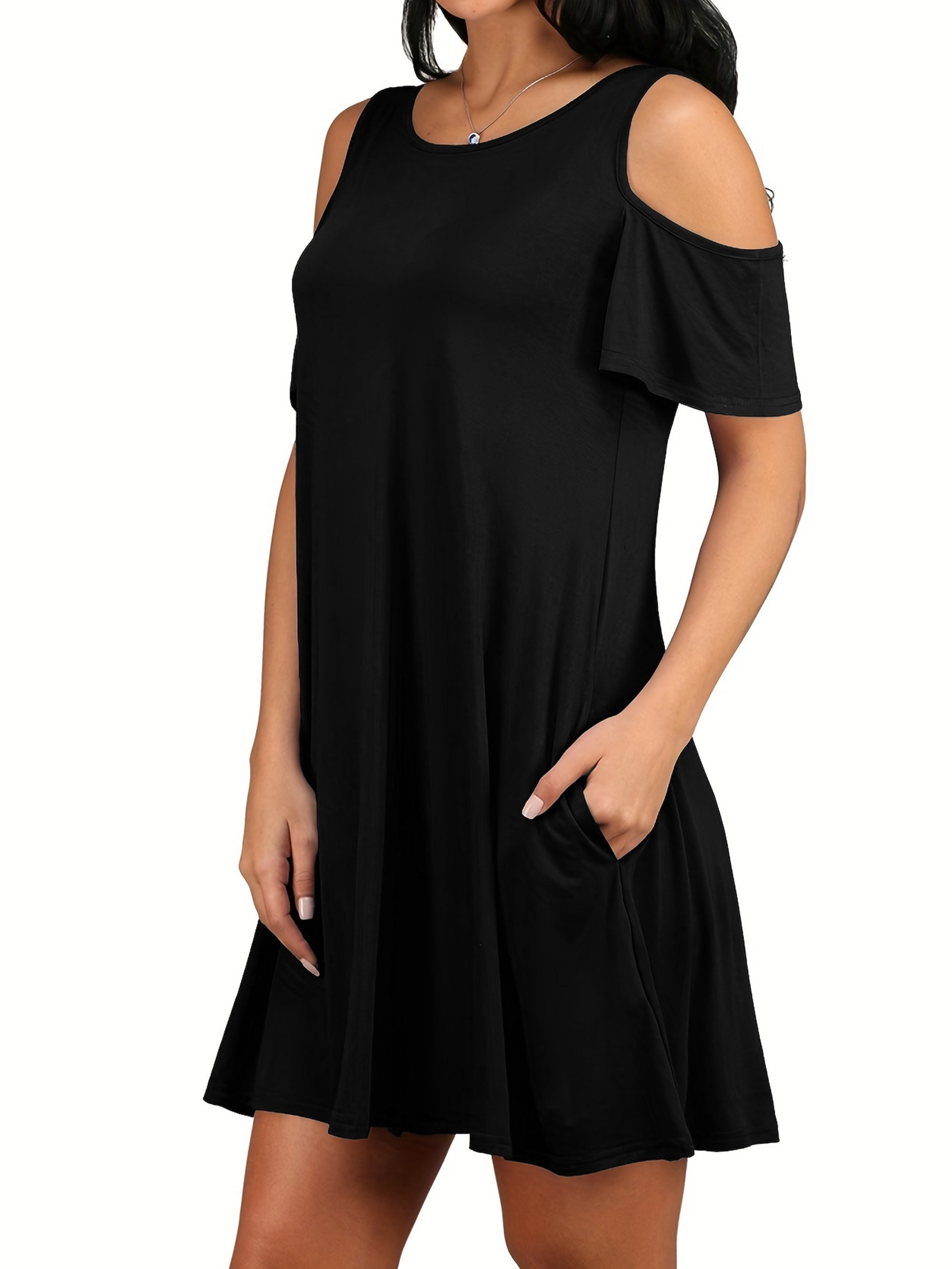 Voocci cold shoulder dress with pockets in black for casual summer outings