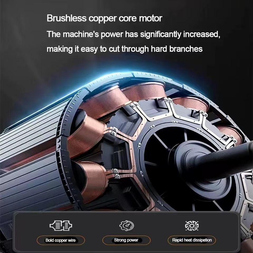 Close-up of brushless copper core motor for a cordless brushless pruner providing strong power for cutting branches