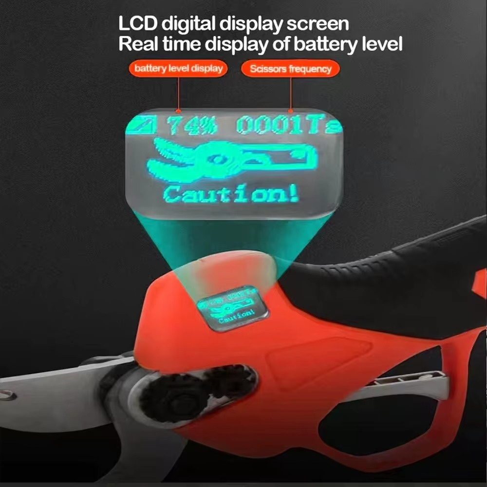 Magazaw cordless brushless pruner with LCD digital display screen showing battery level and caution alerts