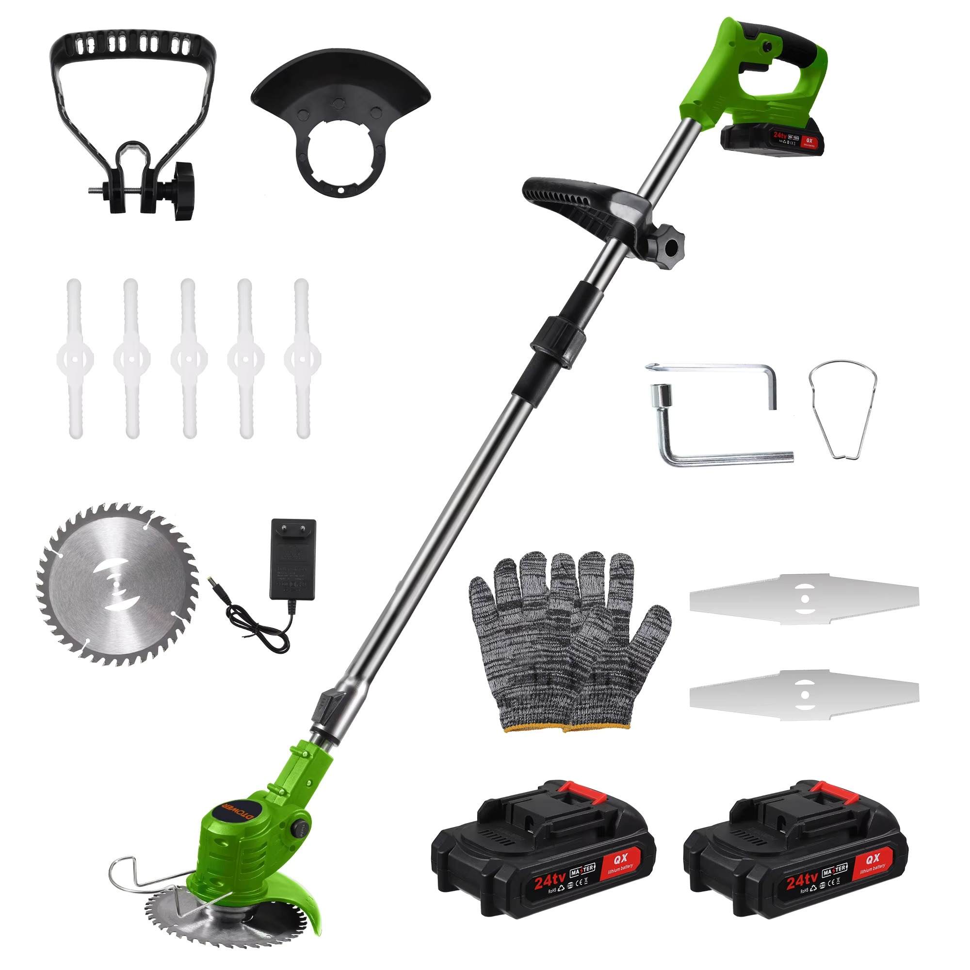 Magazaw cordless electric weed eater with batteries, safety gloves, and multi-functional cutting attachments