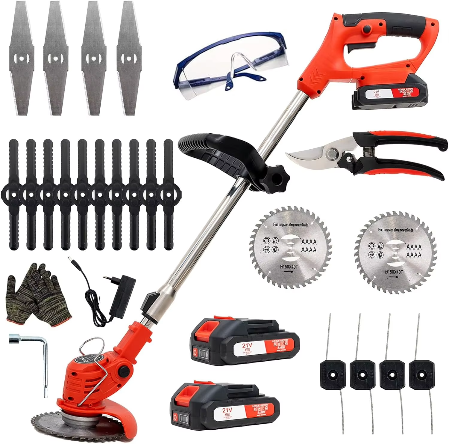 Magazaw 21V cordless weed trimmer kit with blades, gloves, and safety glasses for efficient gardening