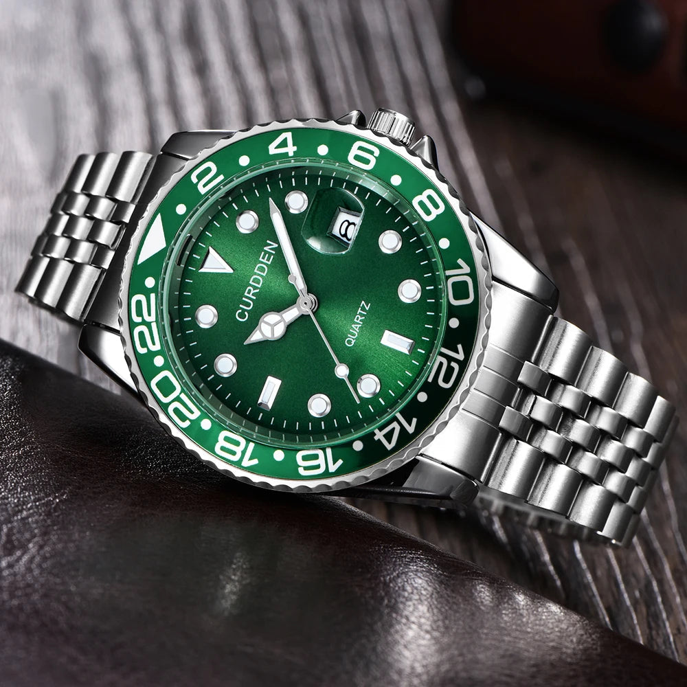 Voocci™ Green Dial Quartz Watch with Stainless Steel Bracelet and Luminous Markers