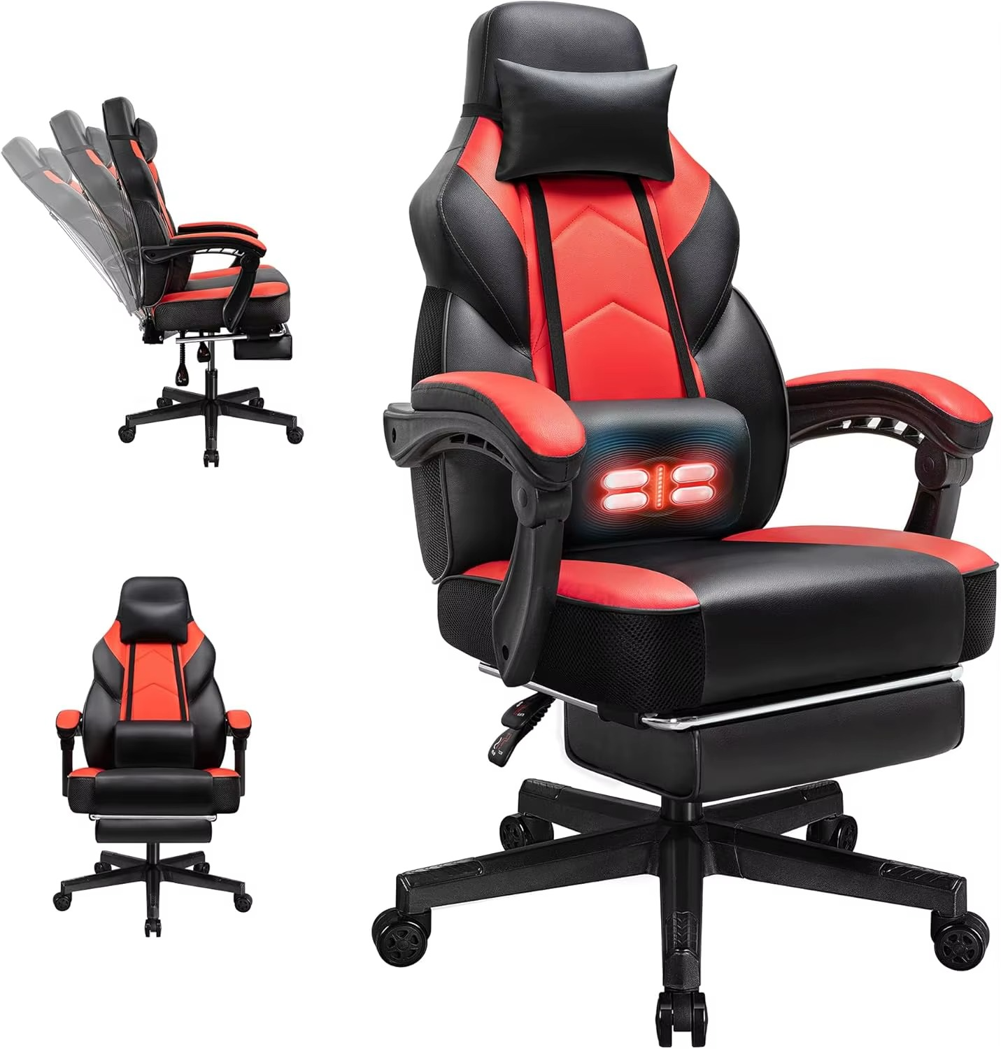 Magazaw ergonomic gaming chair with massage featuring adjustable recline and sleek red and black design