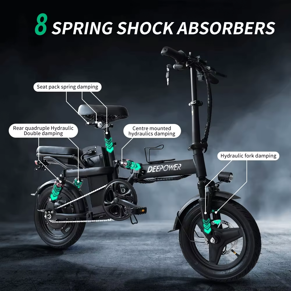 Foldable electric bike for adults with 8 spring shock absorbers for a smooth ride