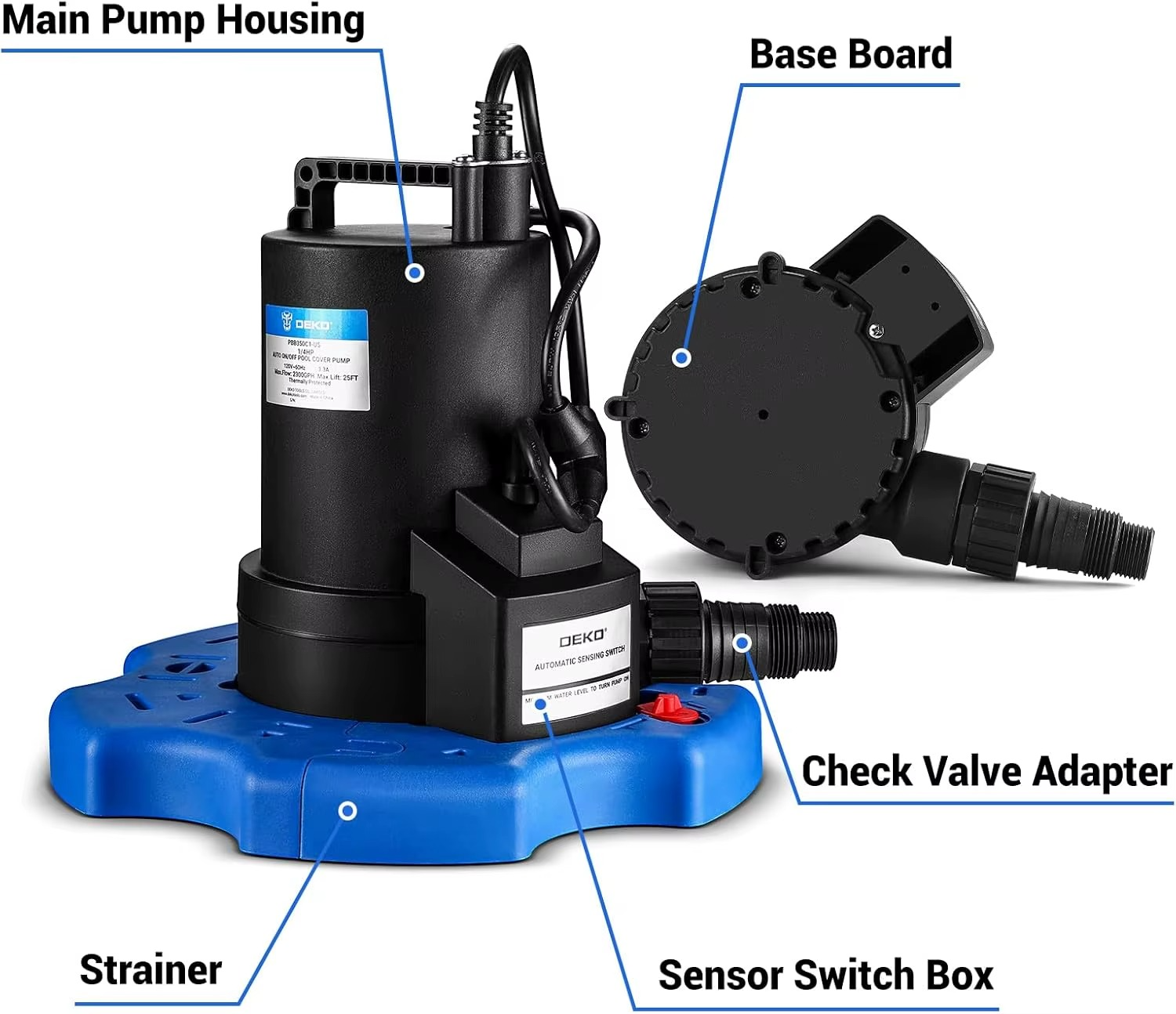 Magazaw submersible pool cover pump 3000 GPH with strainer and check valve adapter for efficient water removal