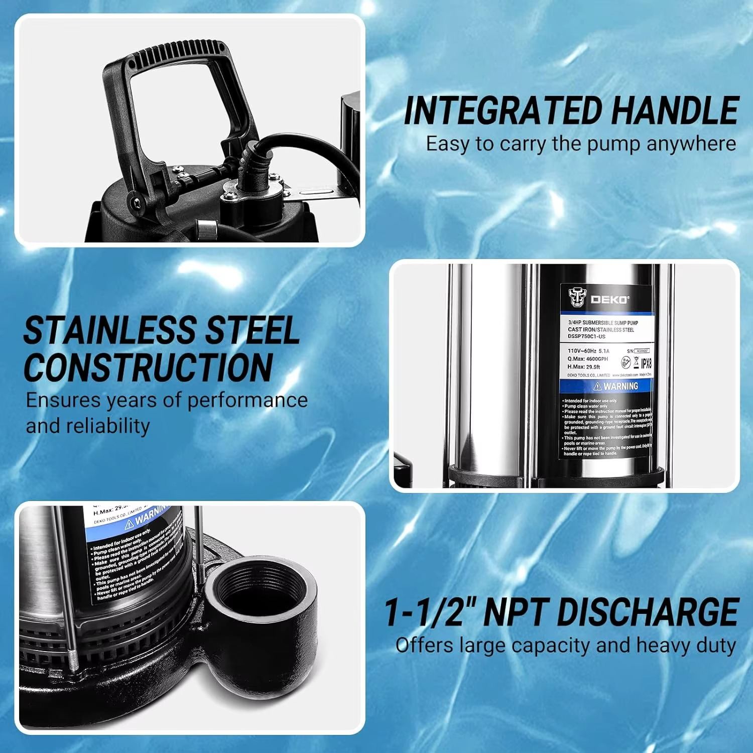 Magazaw submersible sump pump with stainless steel construction and integrated handle for easy portability