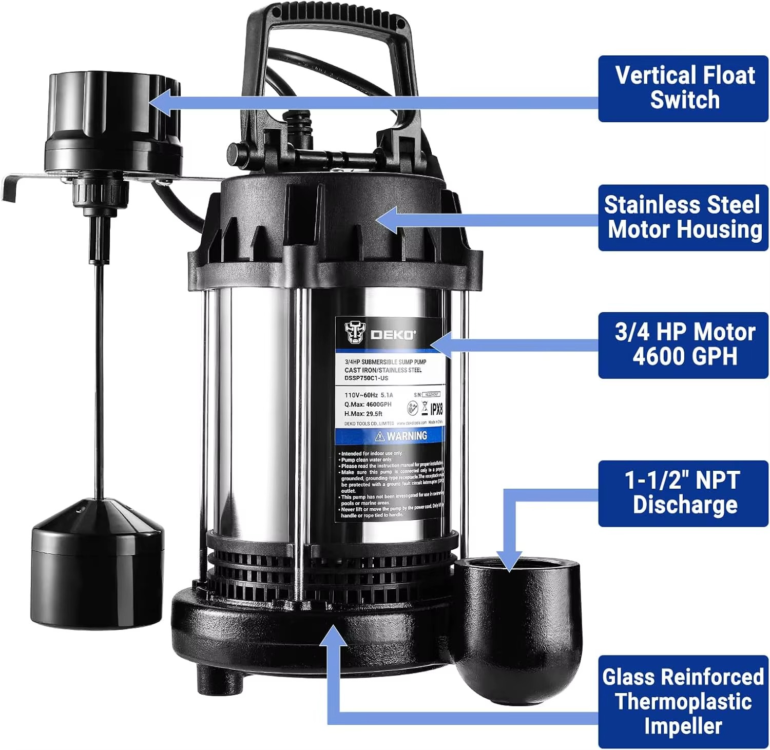 Magazaw submersible sump pump with stainless steel motor housing and vertical float switch