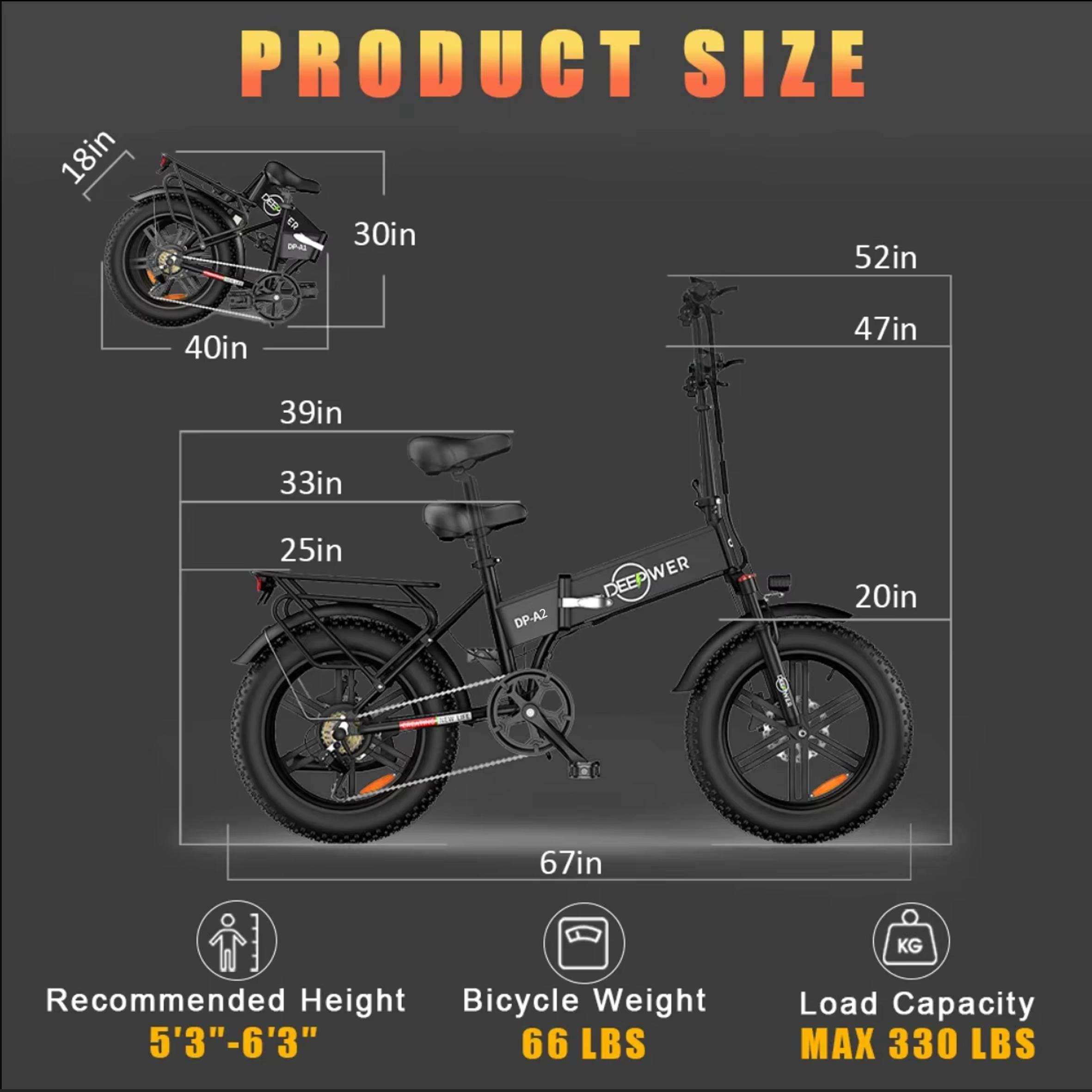 Folding electric bike for adults with detailed size chart and recommended height specifications