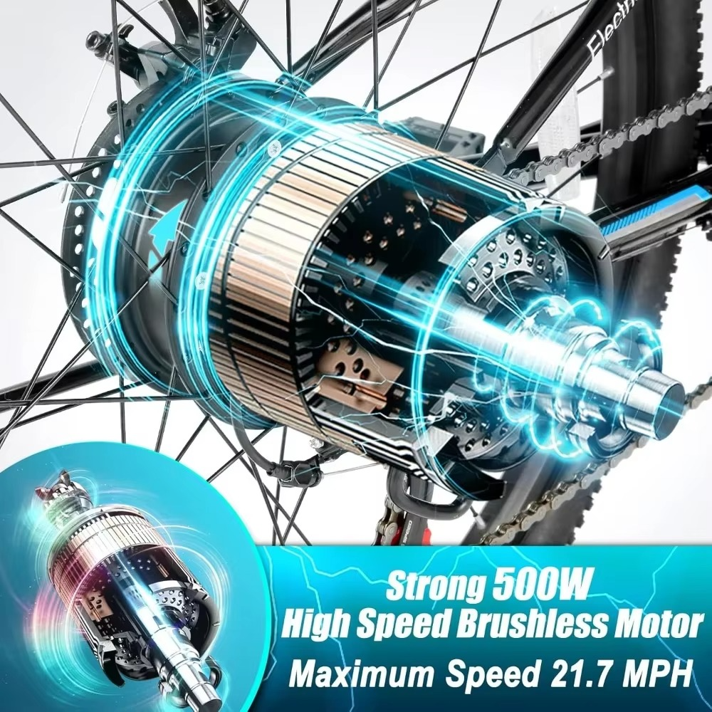 Close-up of a strong 750W electric mountain bike motor showcasing its high speed and performance features