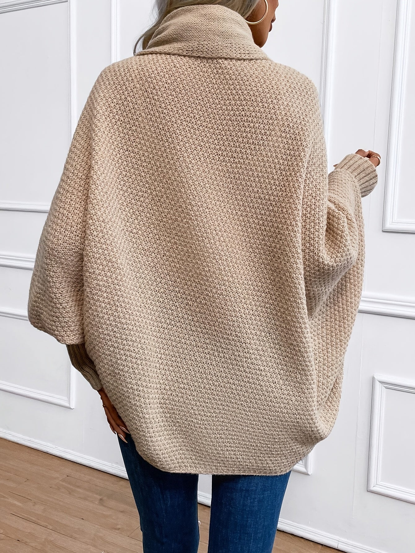 Beige Voocci elegant batwing sleeve cardigan with a cozy high collar for stylish layering