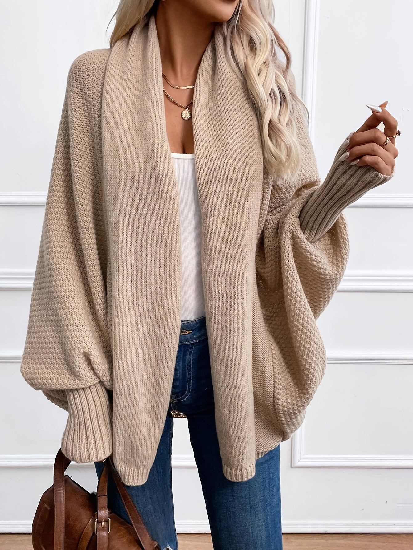Voocci elegant batwing sleeve cardigan in beige designed for chic layering and stylish comfort