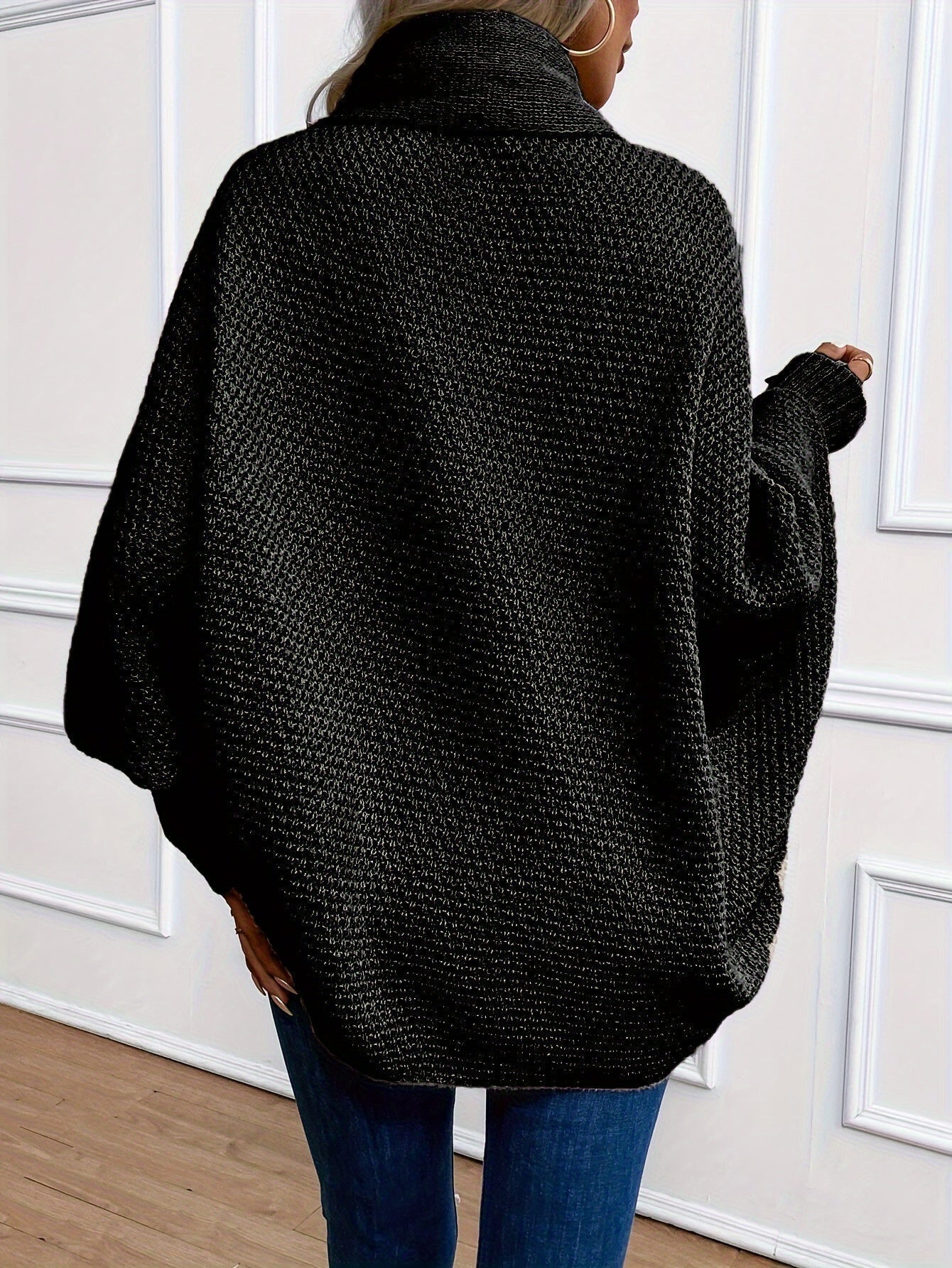 Stylish Voocci™ elegant batwing sleeve cardigan in black, perfect for casual and chic outfits