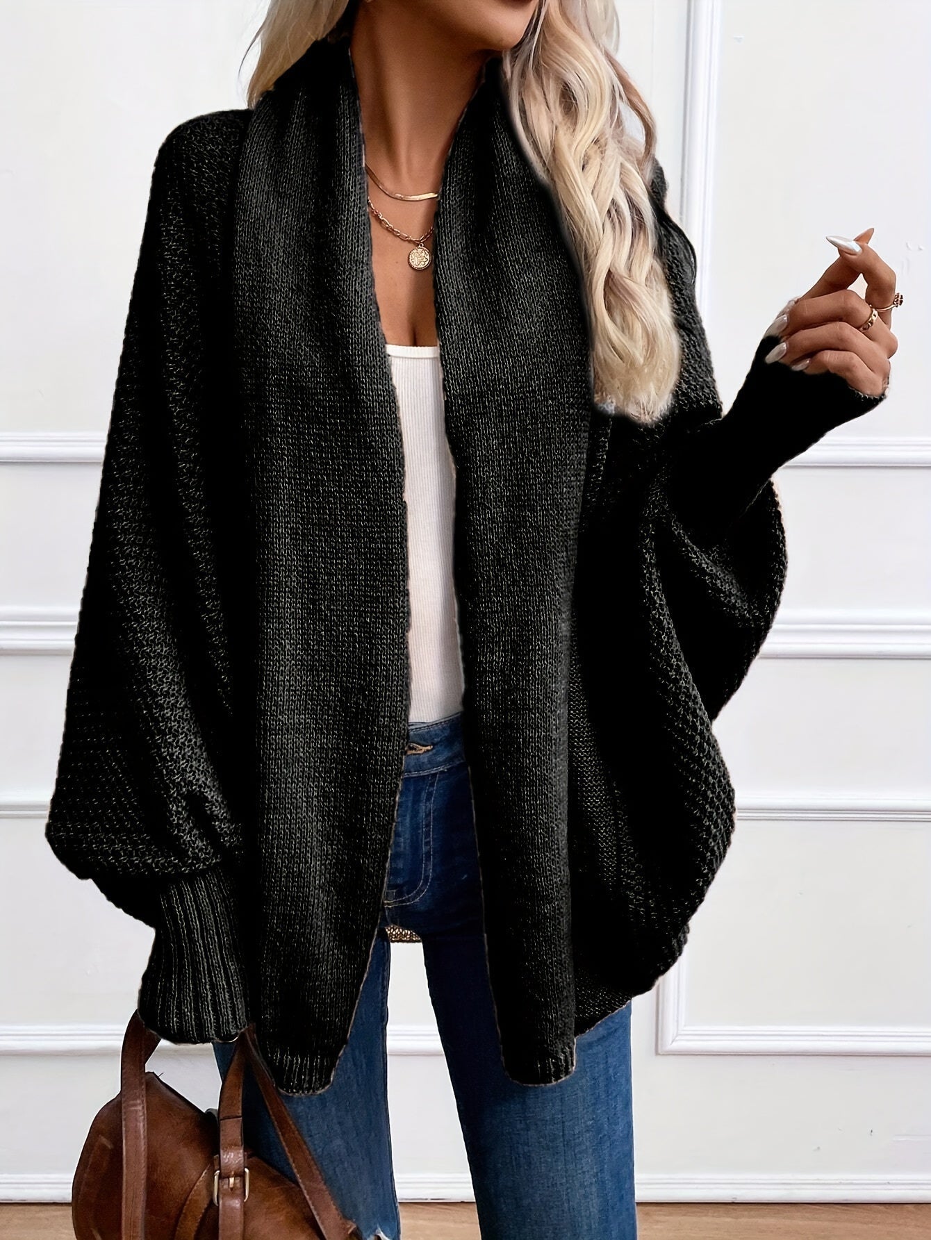 Voocci elegant batwing sleeve cardigan in black, perfect for layering over casual outfits
