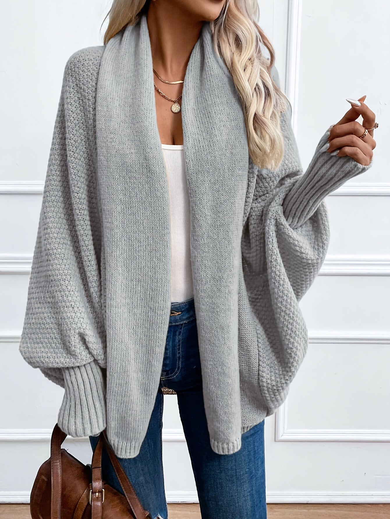 Voocci™ Elegant batwing sleeve cardigan in gray, perfect for stylish layering in cooler weather