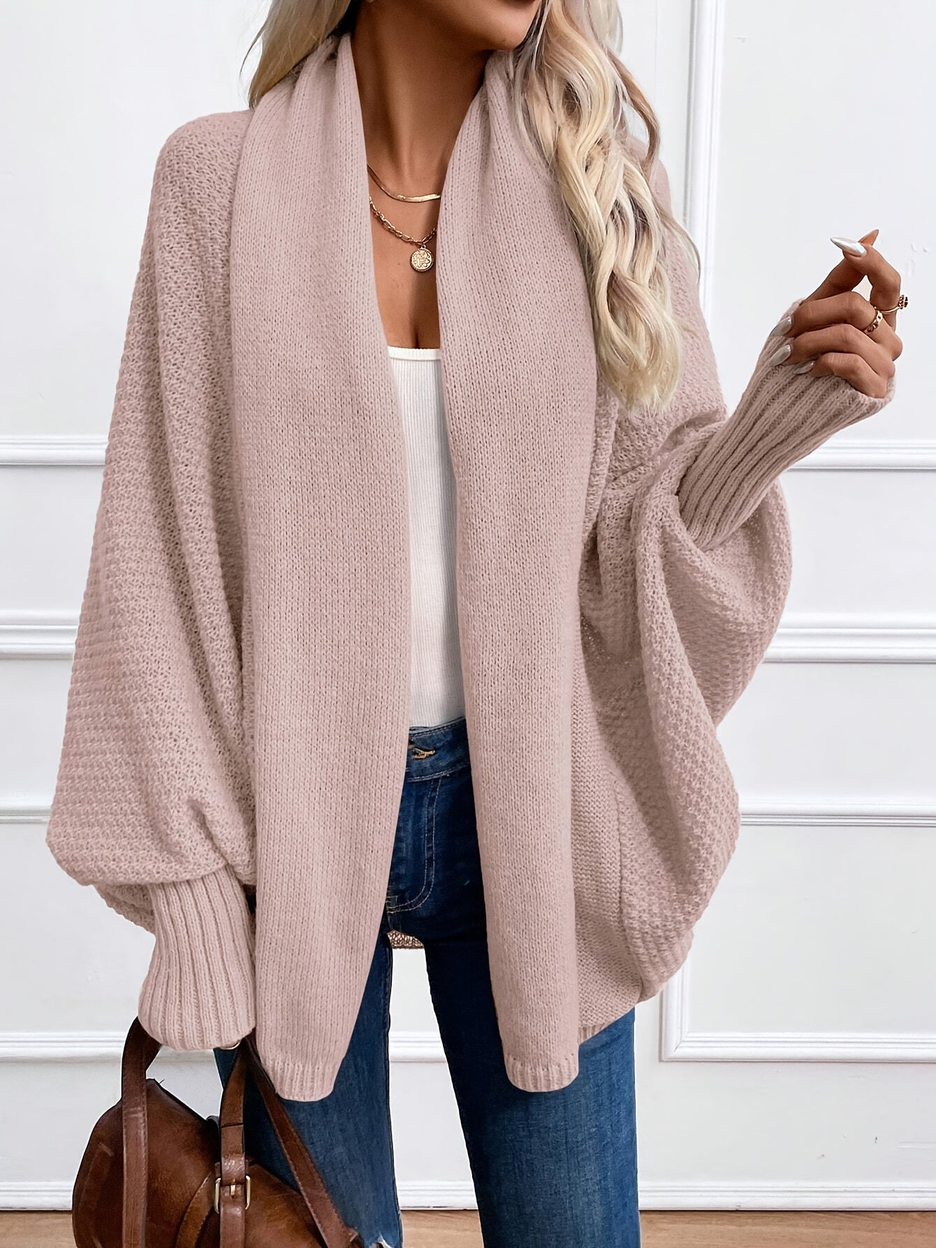 Voocci elegant batwing sleeve cardigan in soft pink, perfect for layering and stylish comfort.