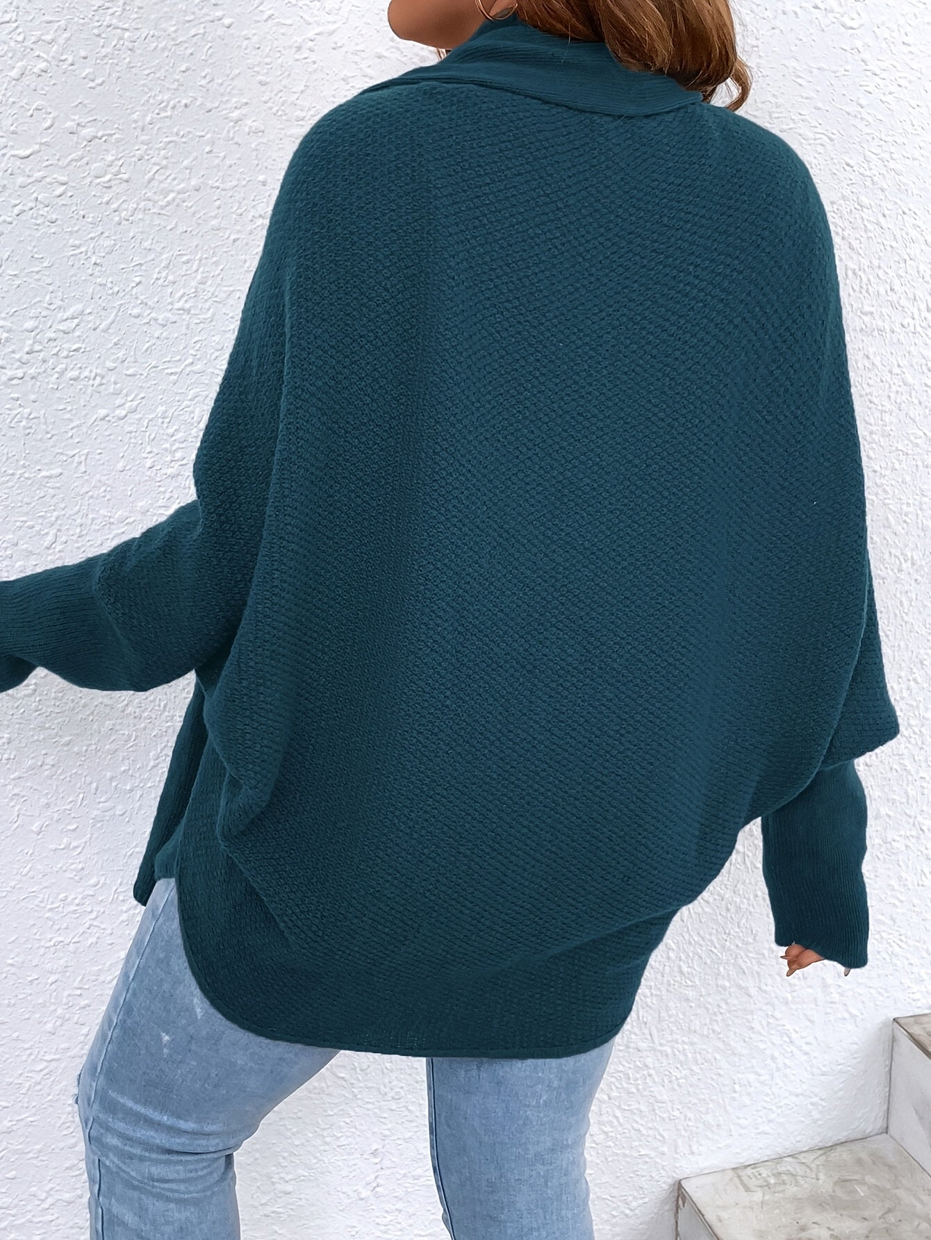 Voocci™ elegant batwing sleeve cardigan in teal with a cozy oversized design