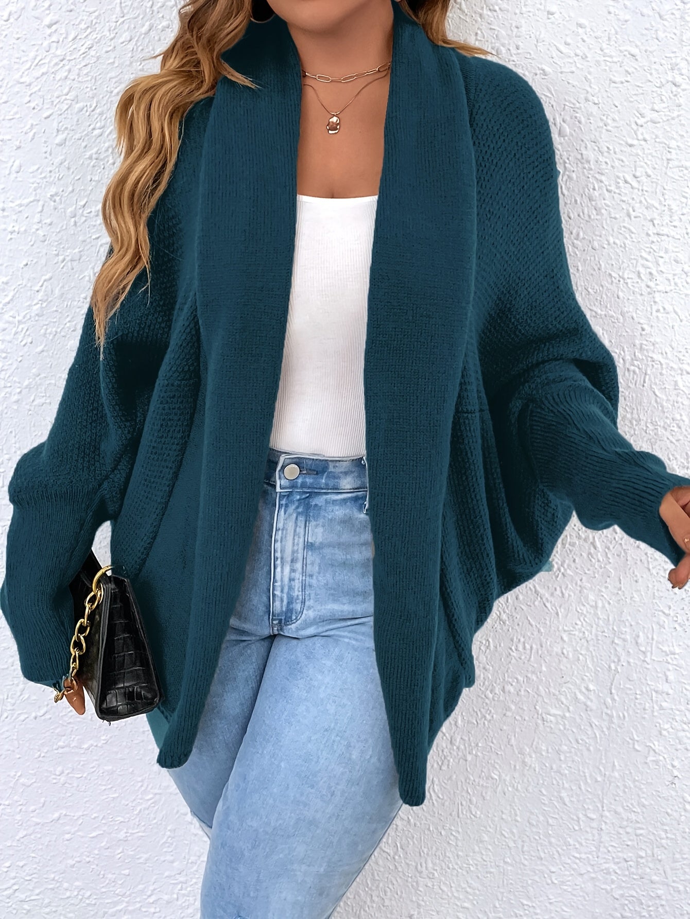 Voocci elegant batwing sleeve cardigan in teal for a stylish and cozy look