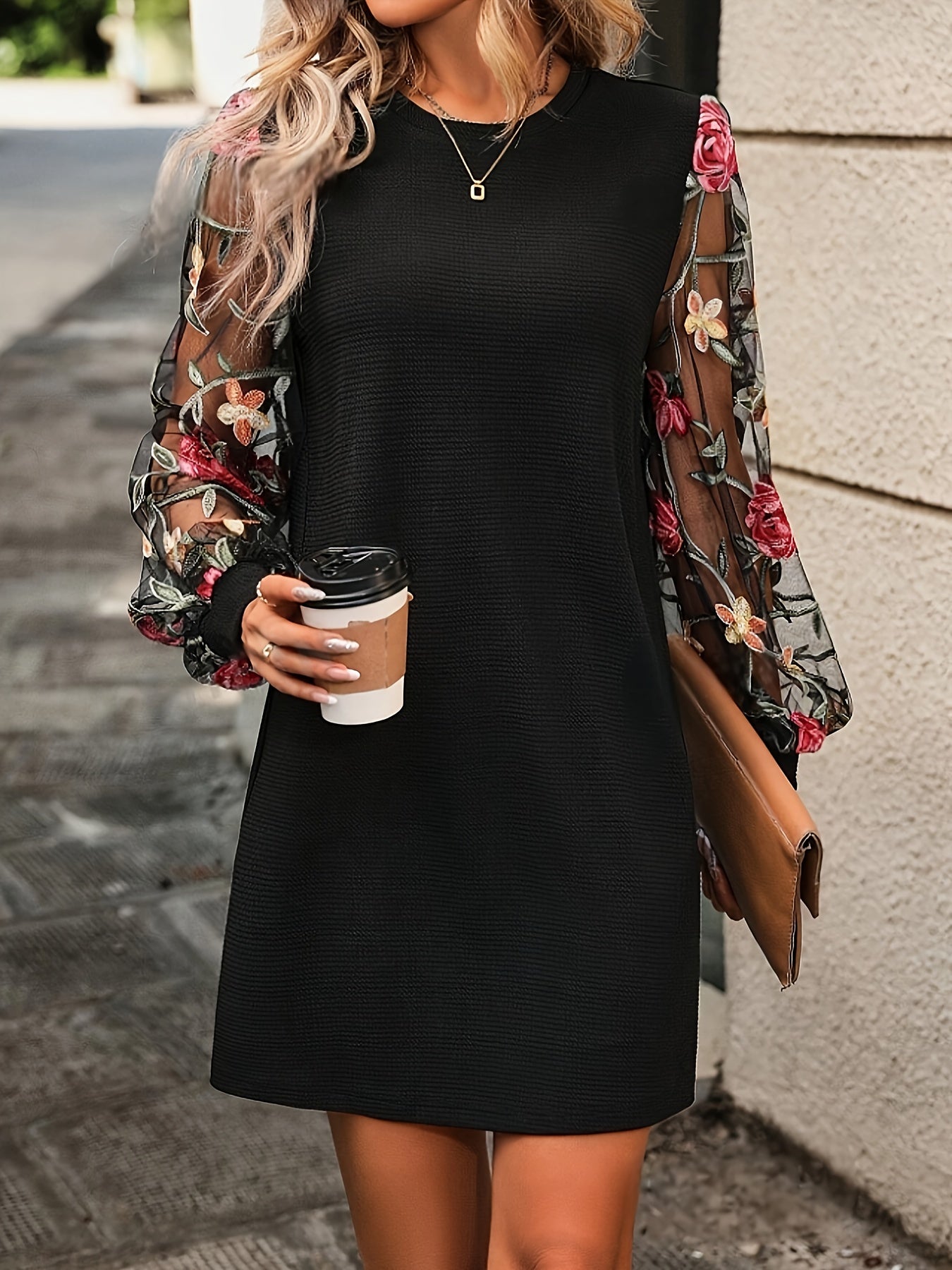 Voocci elegant floral tunic dress with sheer floral sleeve details and a flattering fit