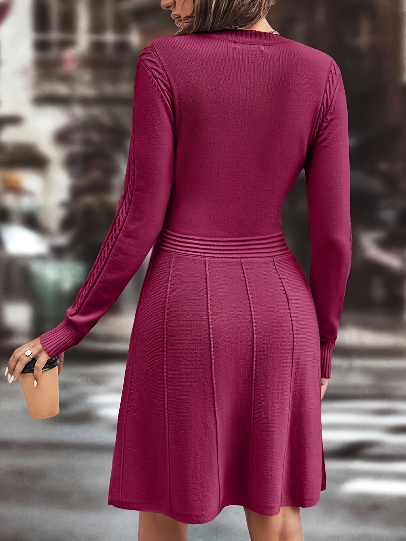 Voocci™ elegant knitted dress in burgundy featuring long sleeves and a flattering fit