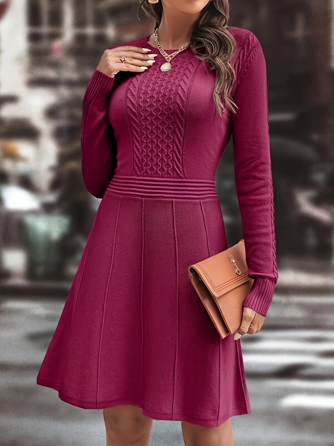 Voocci™ elegant knitted dress in deep red with a fitted bodice and flared skirt for a stylish look