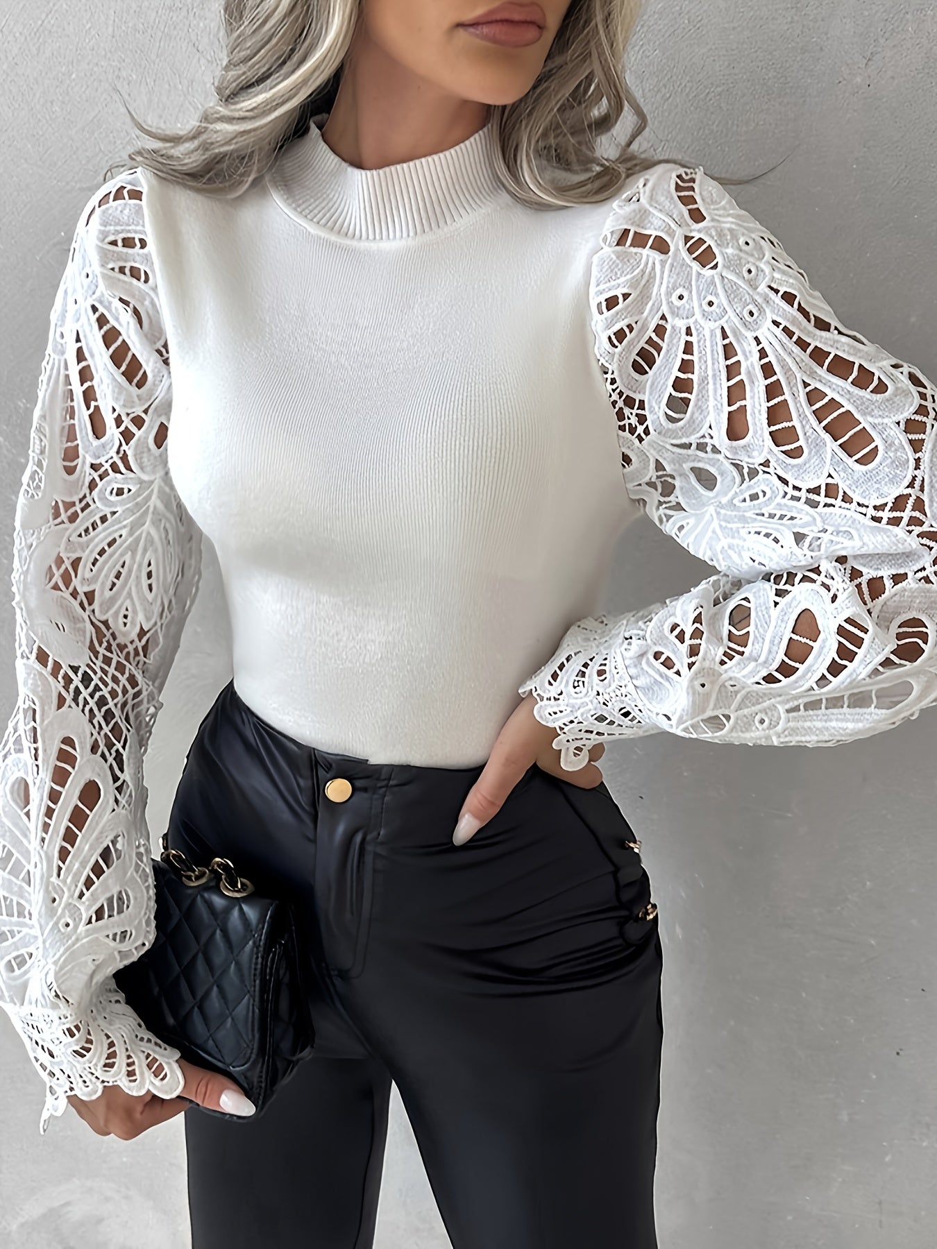 Voocci™ elegant lace pullover for women featuring intricate lace sleeves and a stylish fit