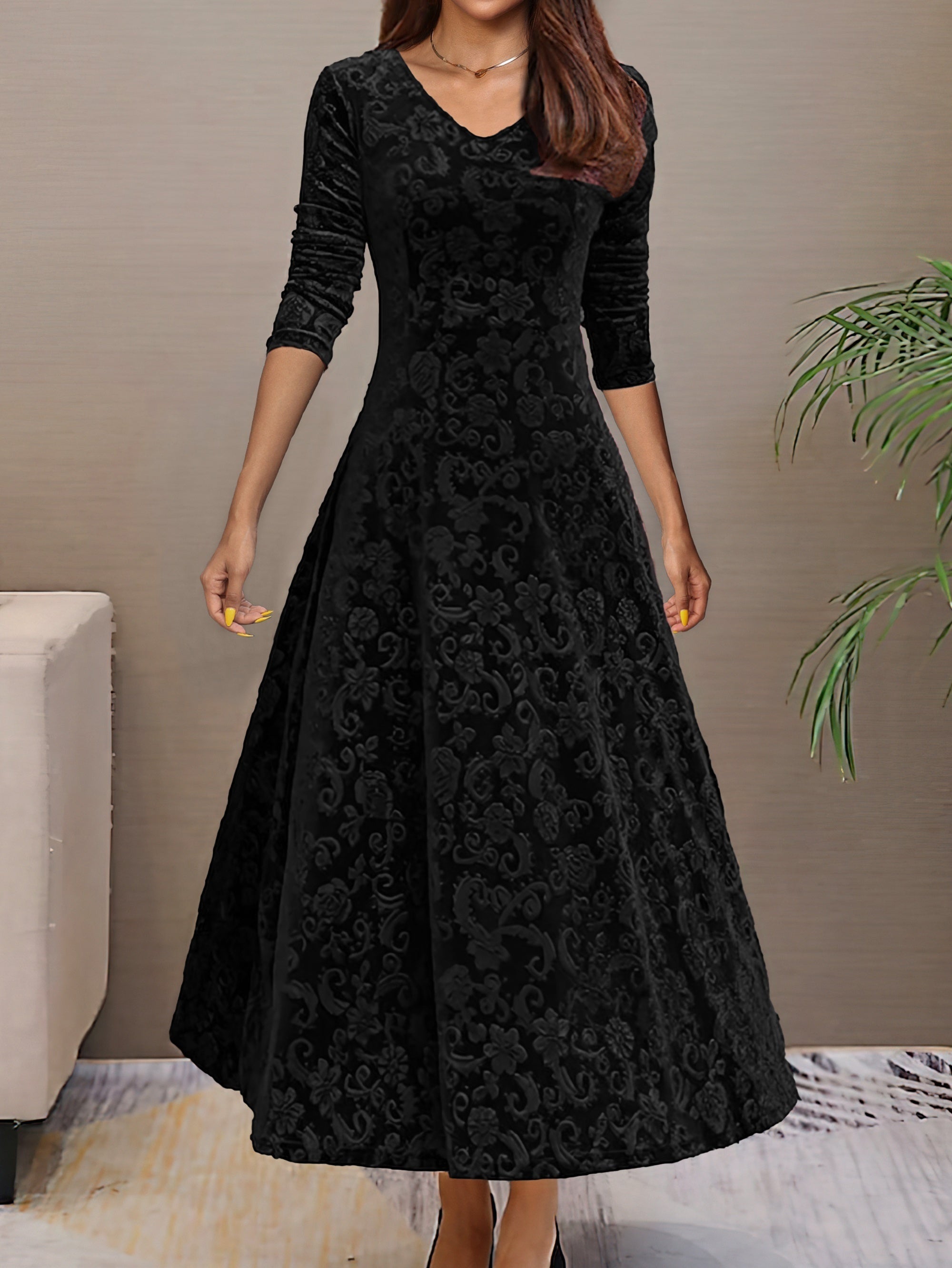Voocci™ elegant long sleeve dress in black with a beautiful floral pattern and flowing design