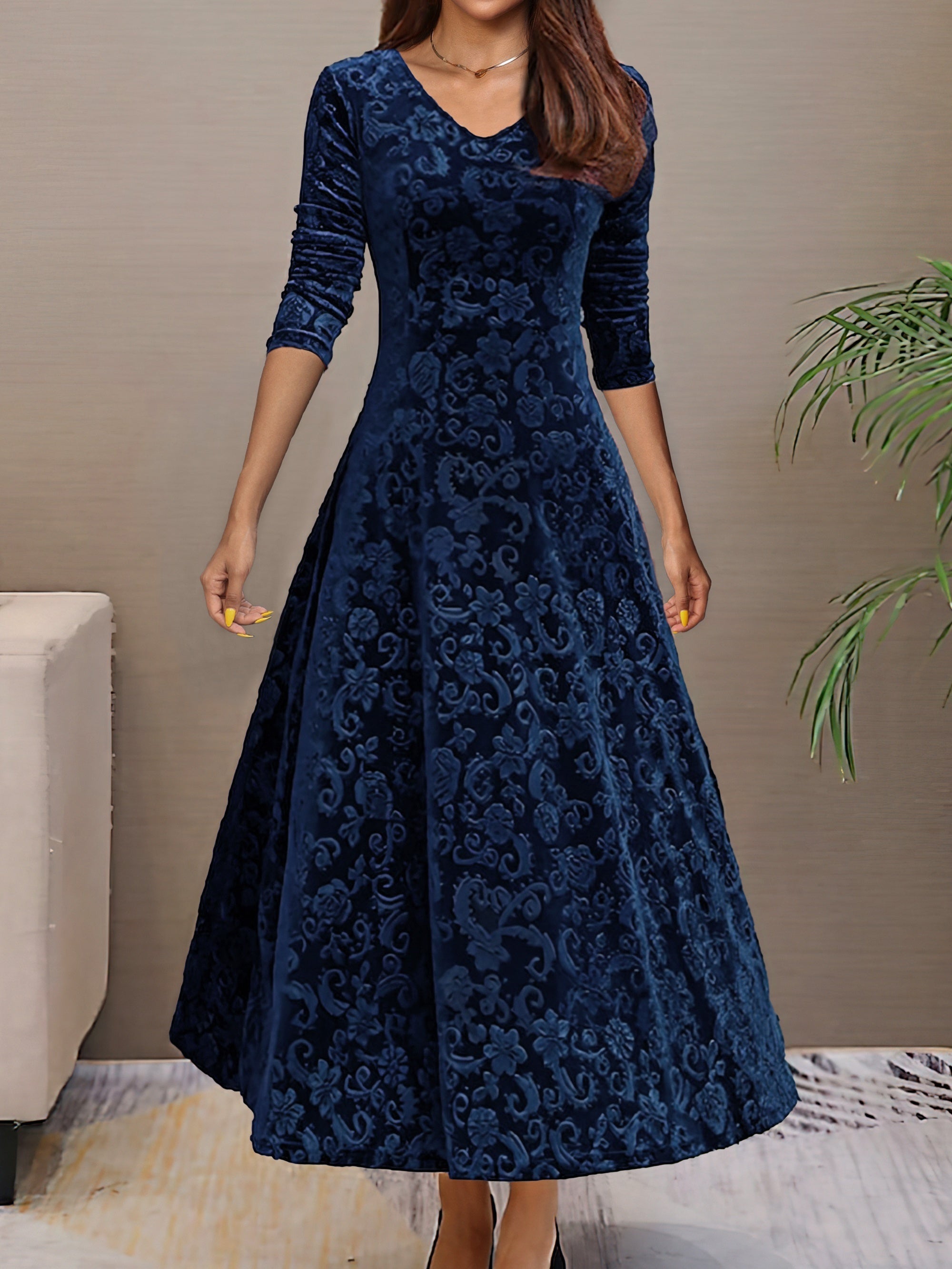 Voocci™ Elegant Long Sleeve Dress in Dark Blue Velvet with Flowy Skirt and V-Neck Design