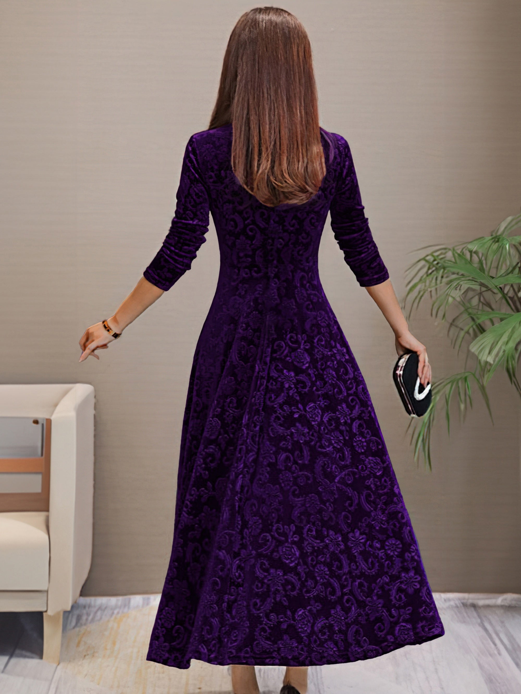 Voocci elegant long sleeve dress in purple with a flowing silhouette and intricate design from the back view