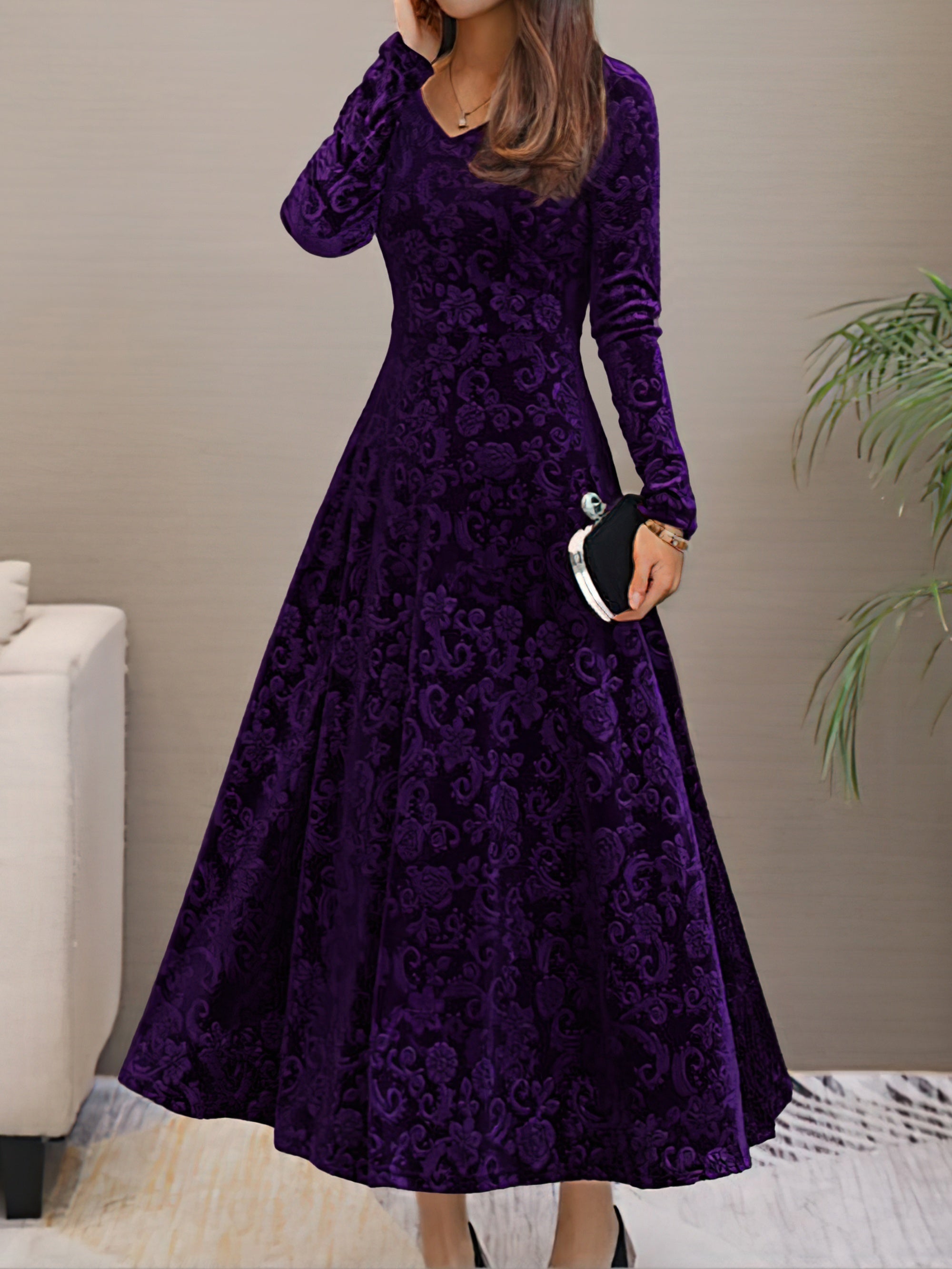 Voocci elegant long sleeve dress in purple velvet with a flowing skirt and sophisticated design