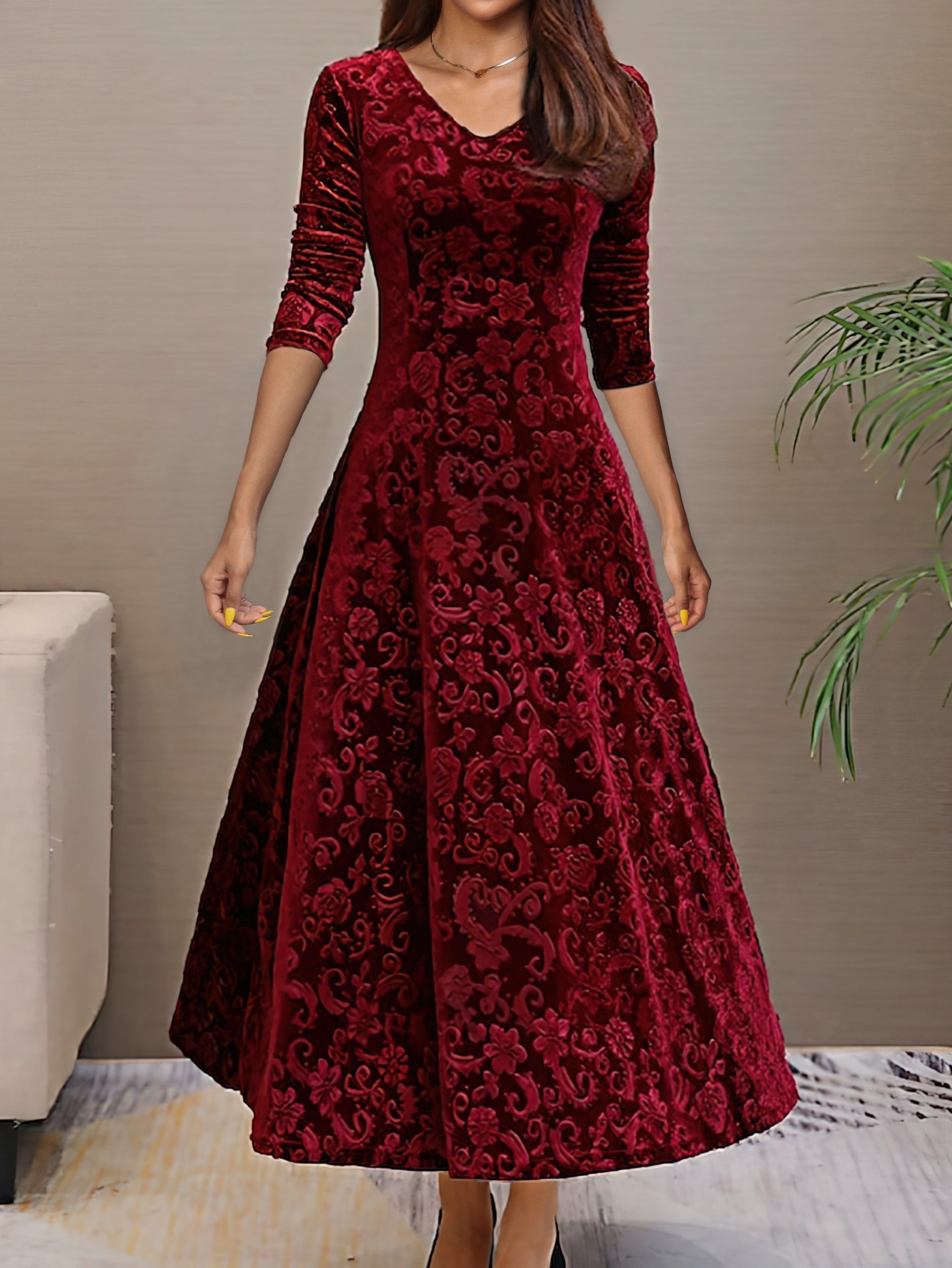 Voocci™ Elegant long sleeve dress in burgundy velvet with a flattering A-line design and rich floral patterns