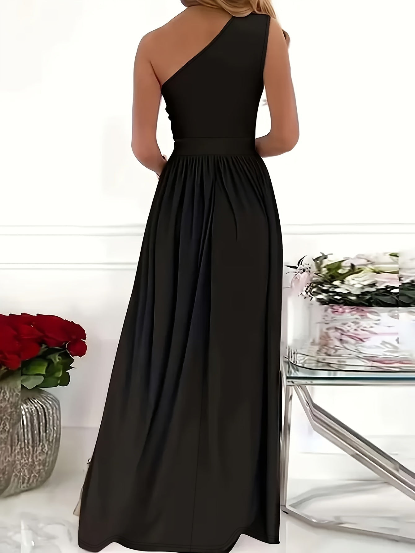 Stylish Voocci™ elegant one shoulder dress in black, featuring a flowing skirt and flattering silhouette