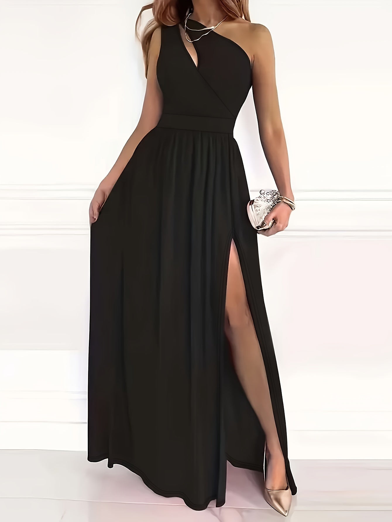 Voocci elegant one shoulder dress in black featuring a side slit and a flattering silhouette